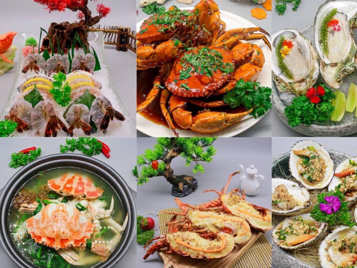 Tại đây, khách có thể tự chọn hải sản sống ở bể, nhiều món được chế biến theo phong cách hiện đại, kết hợp hương vị Á và Âu.