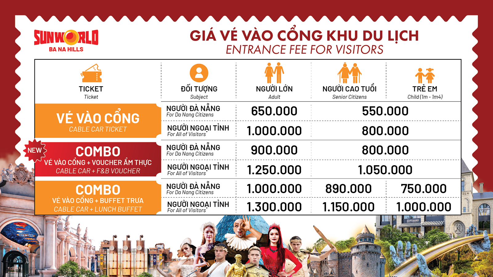 Tham khảo bảng giá vé để lên kế hoạch khám phá Sun World Ba Na Hills trọn vẹn.