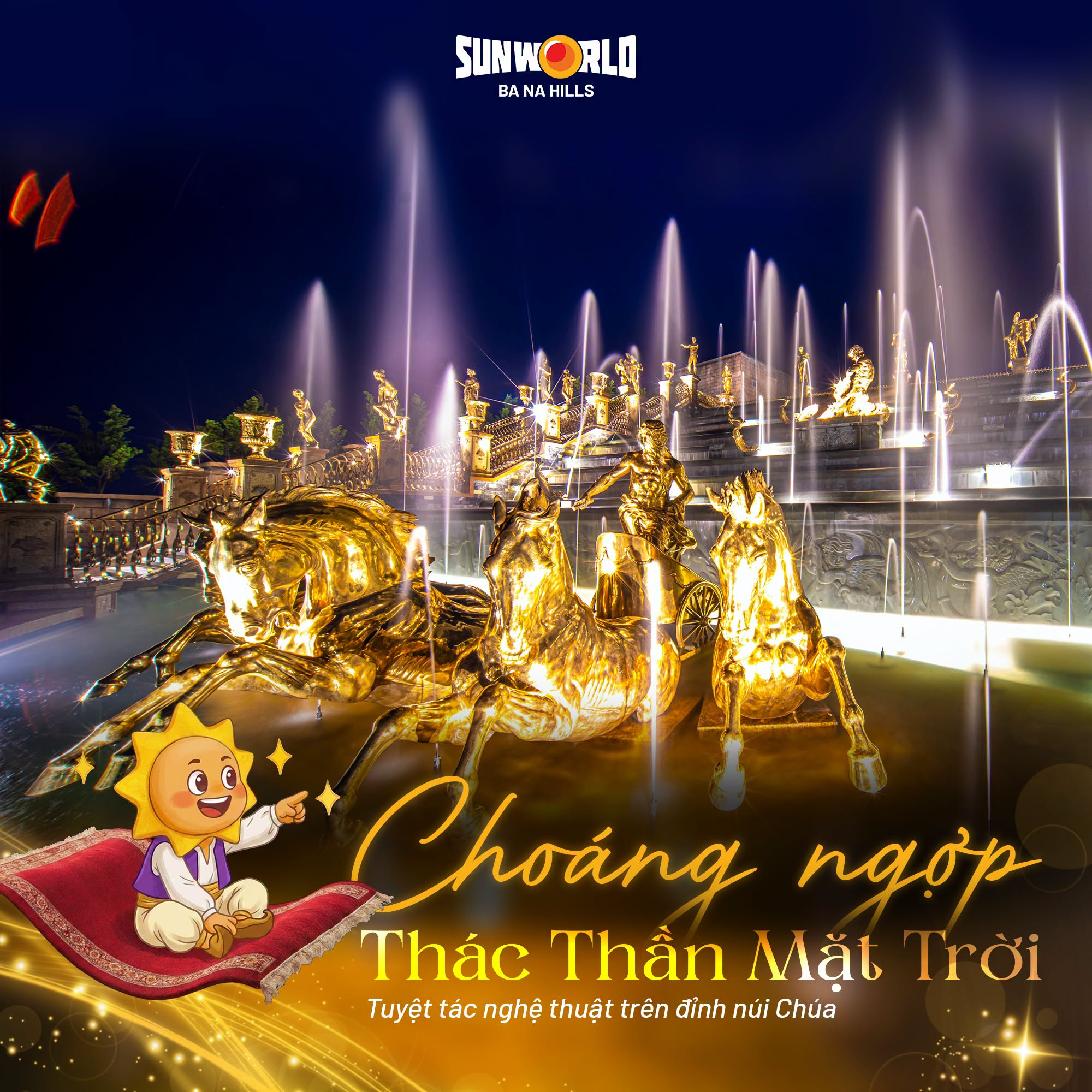 Tượng thần Helios trên cỗ xe ngựa là điểm nhấn nổi bật của Thác Thần Mặt Trời tại Sun World Ba Na Hills.