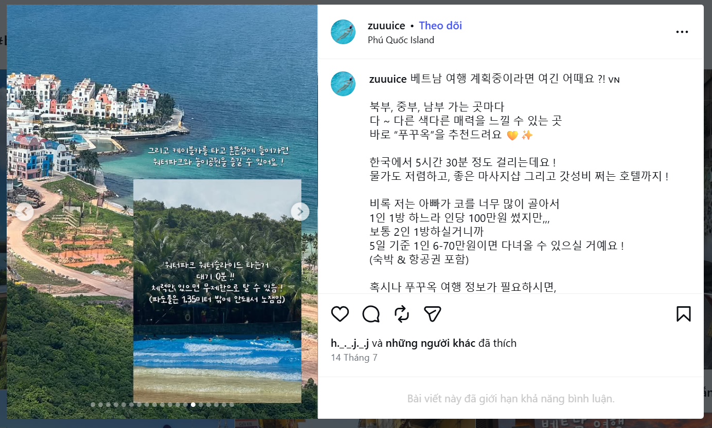 Bài viết của blogger xứ Kim Chi đánh giá cao chỉ số "Gaseongbi" (ngon - bổ - rẻ) và các hoạt động vui chơi tại Nam đảo Phú Quốc. (Nguồn:Instagram @zuuuiice )