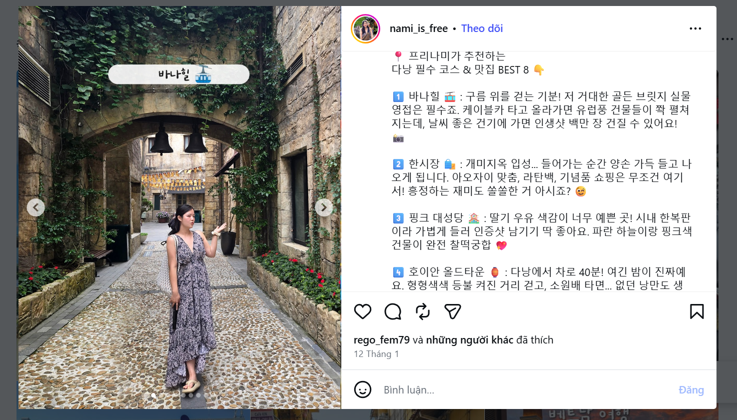 Du khách Hàn Quốc hào hứng chia sẻ trải nghiệm săn "ảnh để đời" tại Sun World Ba Na Hills trên mạng xã hội Instagram. (Nguồn: Instagram @nami_is_free )