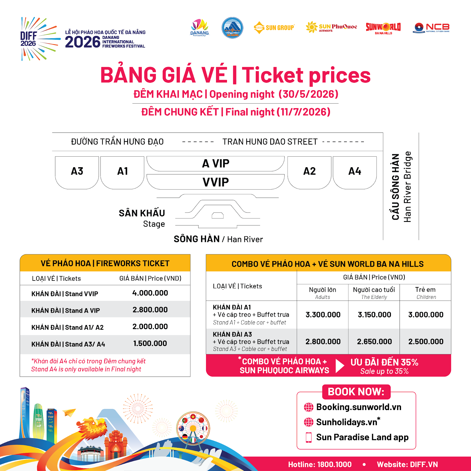 Bảng giá vé các đêm khai mạc và chung kết của Lễ hội Pháo hoa Quốc tế Đà Nẵng 2026, với nhiều hạng vé và combo trải nghiệm đa dạng.