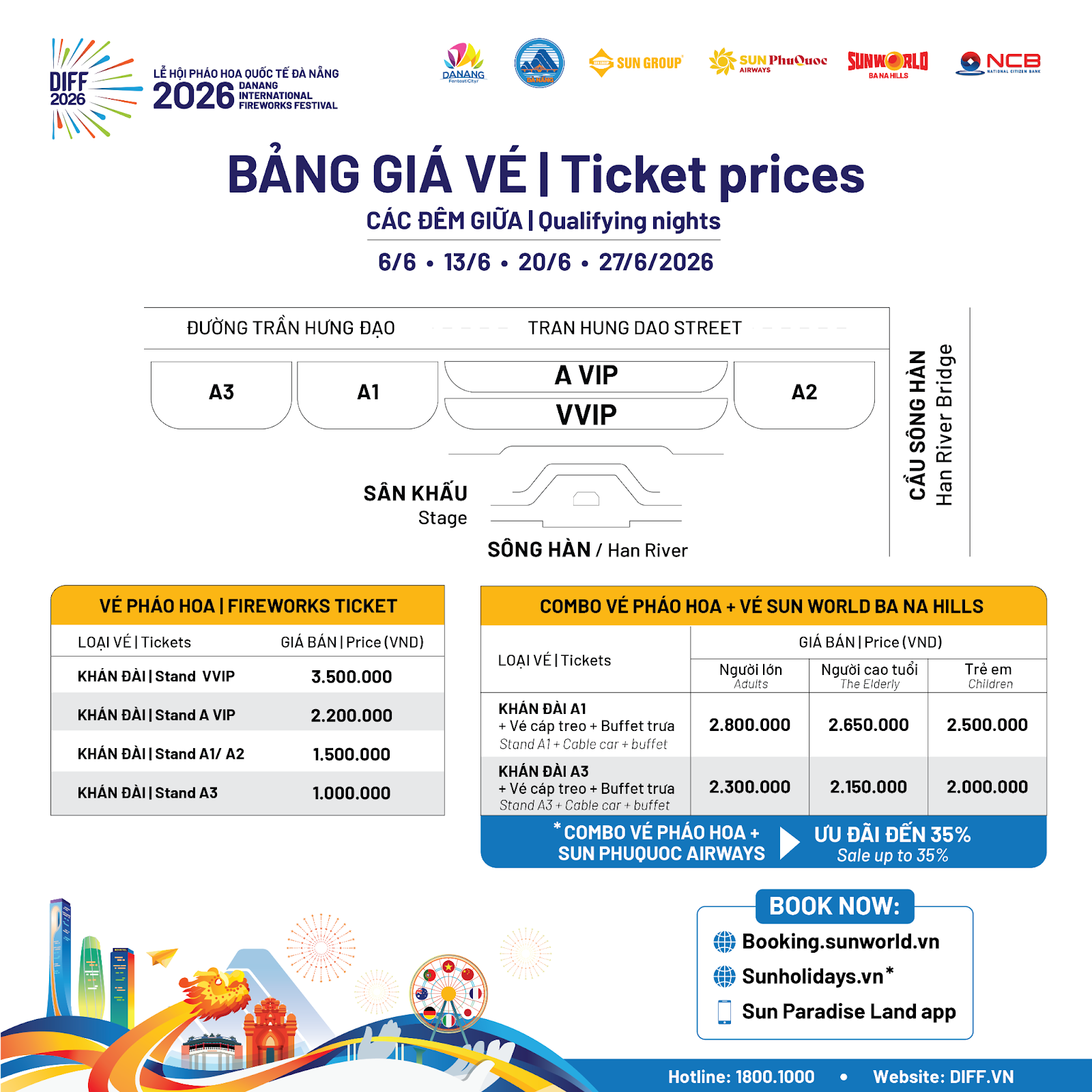 Bảng giá vé các đêm thi vòng loại của Lễ hội Pháo hoa Quốc tế Đà Nẵng 2026 diễn ra xuyên suốt tháng 6/2026.