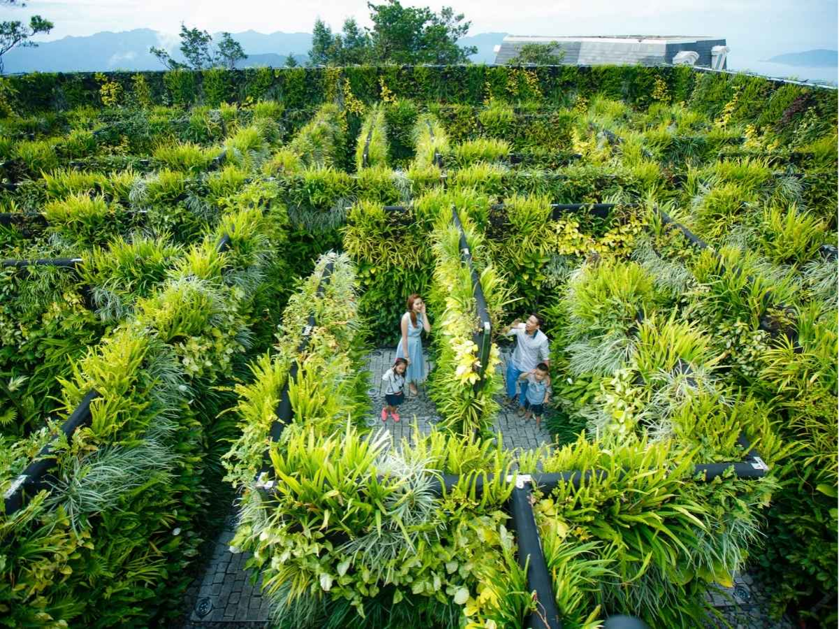 Vườn Bí Ẩn nổi bật với thiết kế tường cây tạo hình ấn tượng, thu hút du khách dừng chân khám phá.